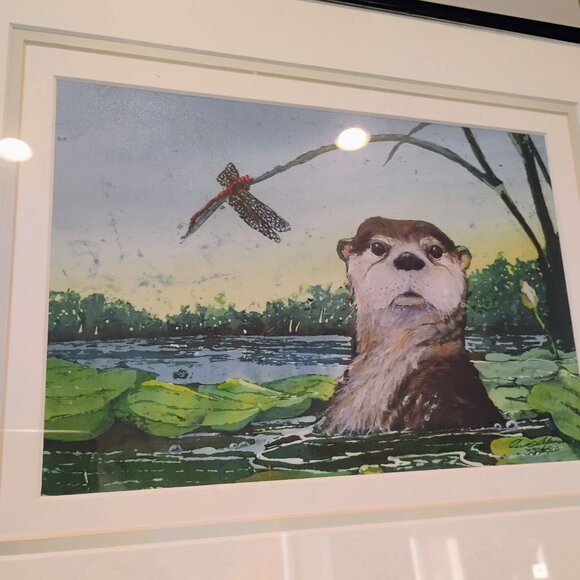 Beth Erlund Johnson Otter Art Print Signed Numbered Pond Scene w/Dragonfly - Picture 1 of 13